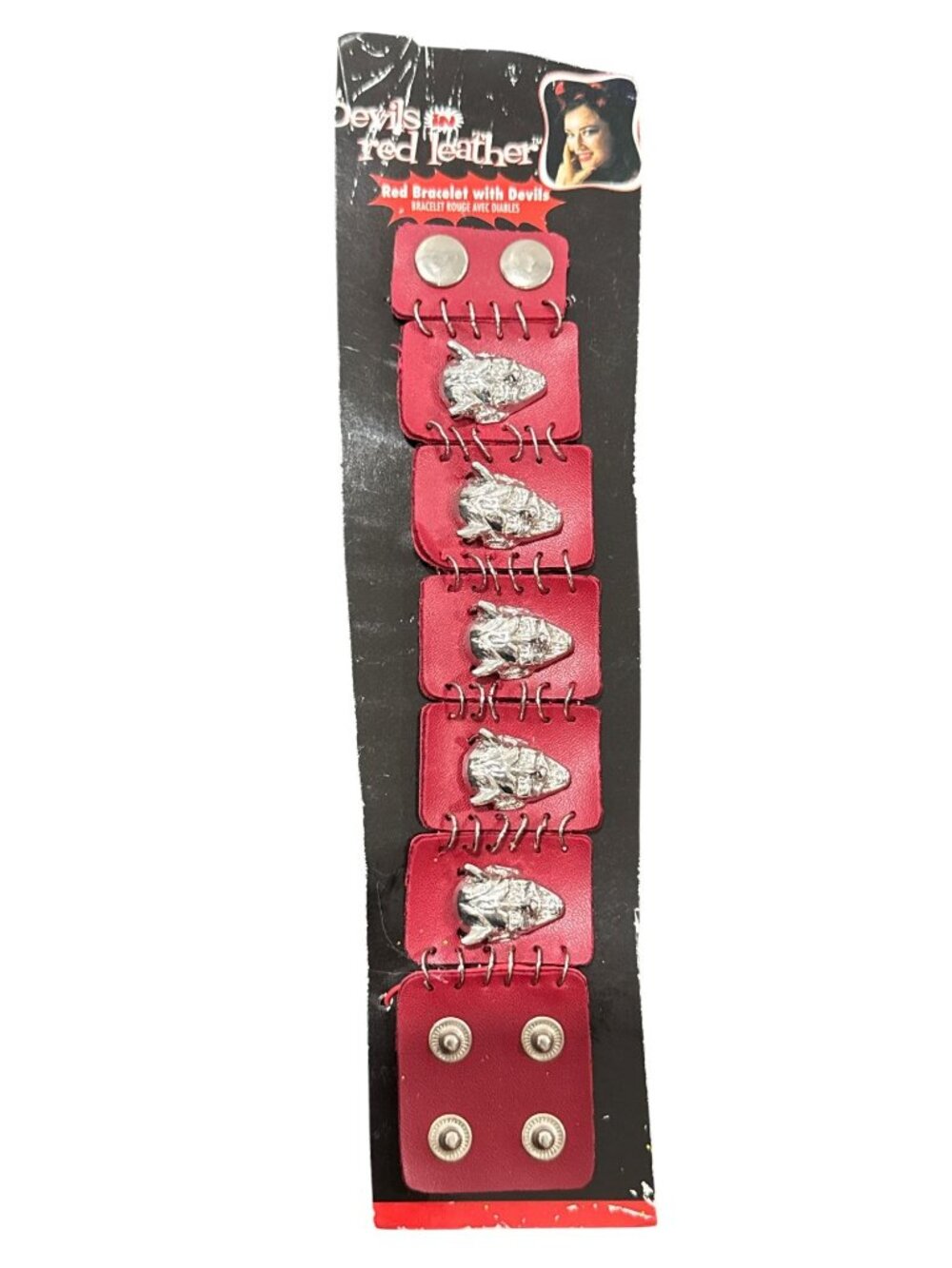 Devils In Red Leather Bracelet With Silver Devil Heads Design - Picture 2 of 3